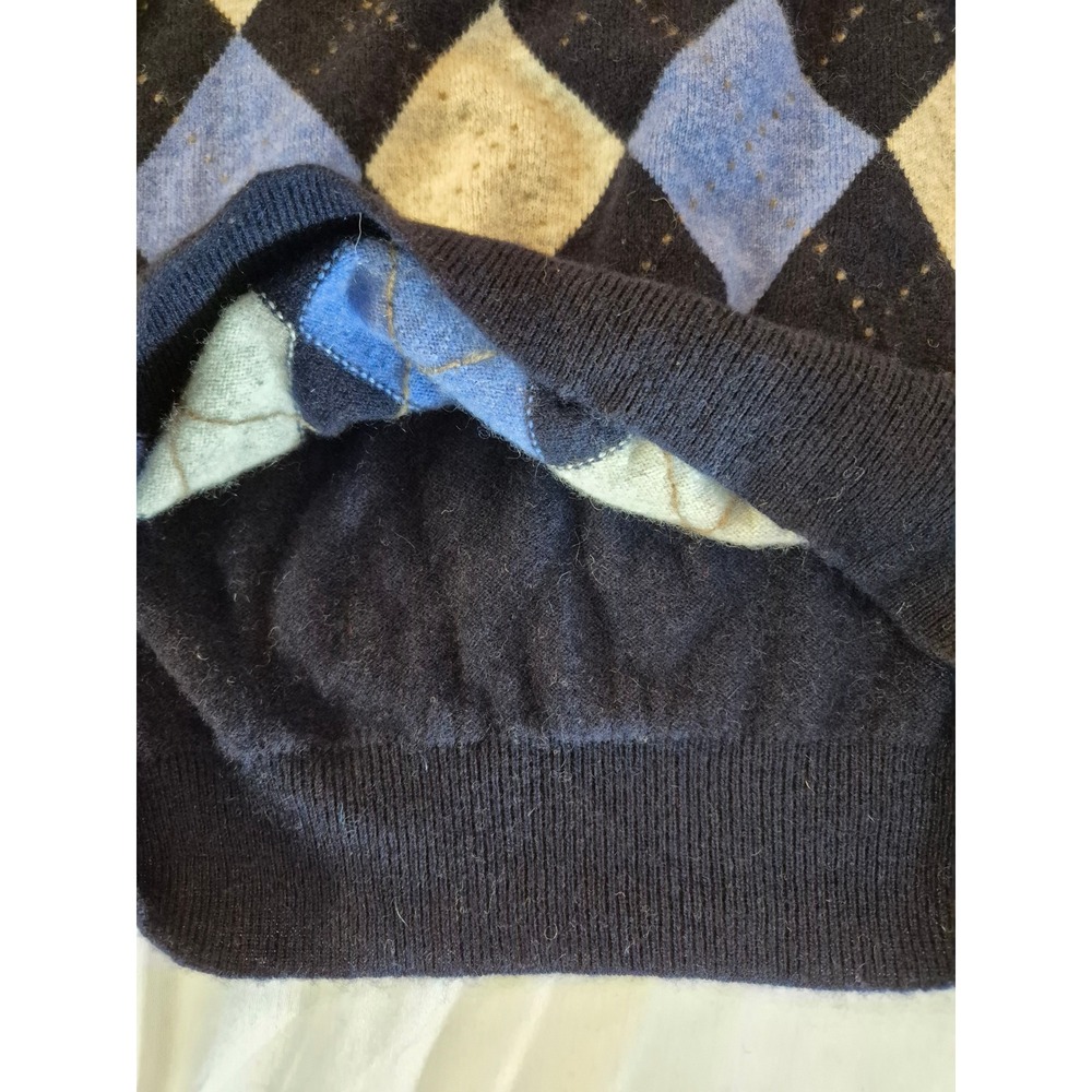 Tasso Elba Mens 100% Cashmere Argyle‎ V-Neck Sweater Navy Grey Large Preppy - Picture 6 of 9